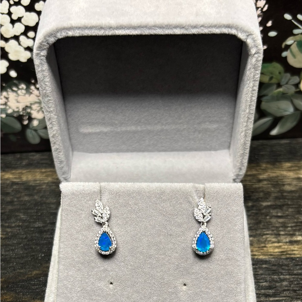 Elegant Natural Blue Opal teardrop  and Zircon Earrings in Sterling Silver